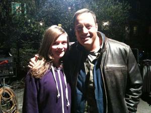 Adrianne Page, 11, posed for a photo with actor Kevin James at her aunt Stephanie Page’s home on Ashmont Hill last Thursday night. James was at the home to shoot a scene of the film “Here Comes the Boom.” Photo courtesy Stephanie Page